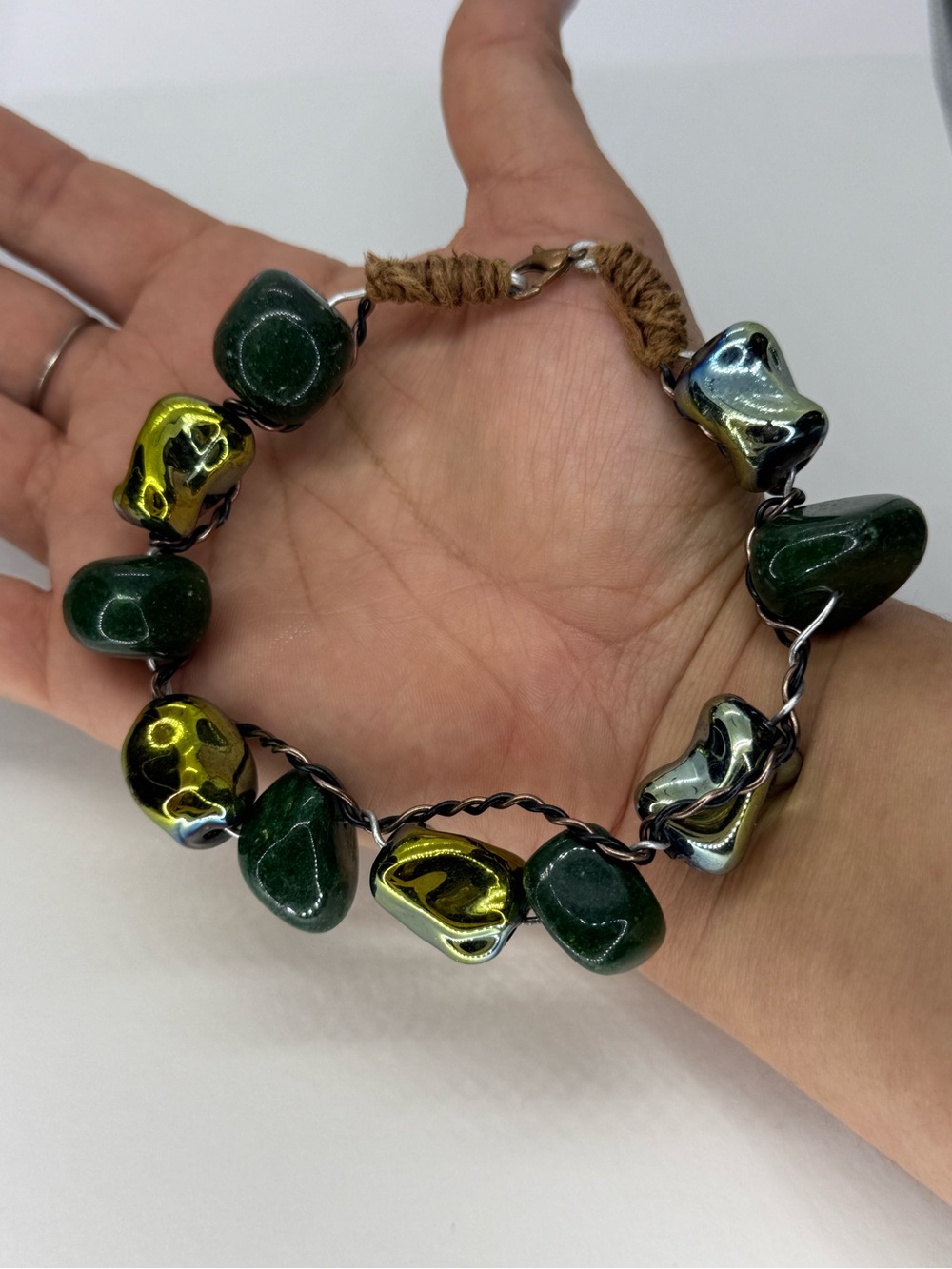 Handcrafted Green and Iridescent Bead Bracelet